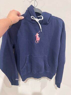 Polo by Ralph Lauren Navy Hoodie with Pink Pony Logo